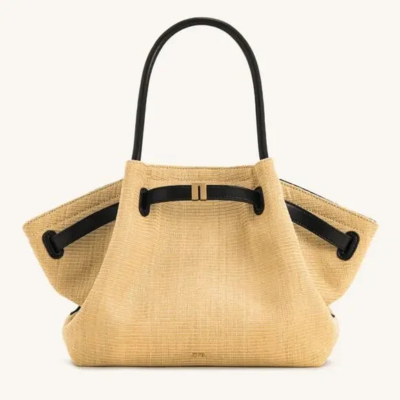 JW Pei Hana Medium Tote Bag in Tan Raffia Straw Black Trim Shoulder Bag Purse - Picture 1 of 15